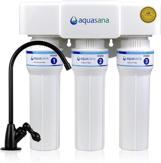 Aquasana Under Sink Water Filter | Certified 3-Stage Max Flow Filtration | Reduces up to 99.99% of PFAS, Lead, Chlorine, & More | Under Counter Drinking Water Filter | Matte Black Faucet | AQ-6300M-MB