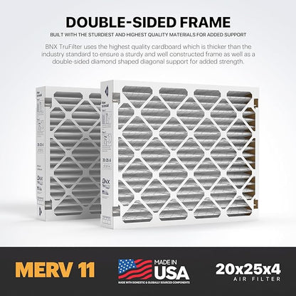 BNX TruFilter 20x25x4 Air Filter MERV 11 (20.50’’ x 25.18’’ x 4.00‘’ (Compatible with Aprilaire 210) (2-Pack) MADE IN USA Furnace Filters HVAC AC Furnace Filters for Allergy Dust, Pet, MPR 1200 FPR 7