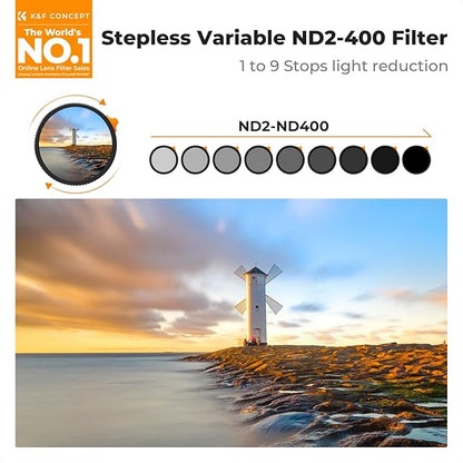 K&F CONCEPT 58mm Ultra-Low Reflectivity Putter Variable ND Filter ND2-ND400 (1-9 Stops) 28 Multi-Layer Coatings AGC Glass Adjustable Neutral Density Camera Lens Filter (Nano-X Series)