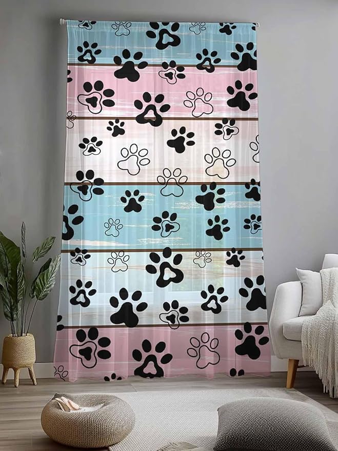 Sheer Curtains 84 Inches Long, Blue Pink Dog Paws Prints Semi Sheer Curtains Light Filtering Window Treatment, Farmhouse Beige Wood Privacy Voile Drapes for Living Room Bedroom 52x84 Inch