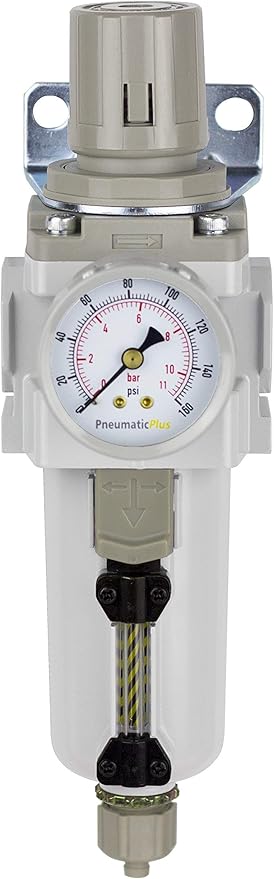 PneumaticPlus SAW400-N04BG-MEP Compressed Air Filter Regulator Piggyback Combo 1/2" NPT - Metal Bowl, Manual Drain, Bracket, Gauge