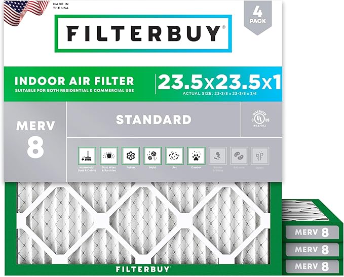 Filterbuy 23.5x23.5x1 Air Filter MERV 8 Essential Dust & Allergy Defense (4-Pack), Electrostatic Pleated HVAC AC Furnace Filters Replacement, Made in USA (Actual Size: 23.38 x 23.38 x 0.75)