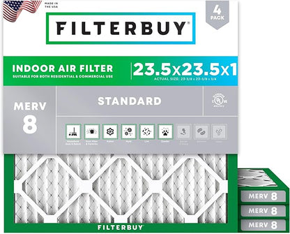 Filterbuy 23.5x23.5x1 Air Filter MERV 8 Essential Dust & Allergy Defense (4-Pack), Electrostatic Pleated HVAC AC Furnace Filters Replacement, Made in USA (Actual Size: 23.38 x 23.38 x 0.75)