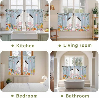 Easter Kitchen Tier Curtains 45 Inch Long 2 Panel Set,Rod Pocket Short Window Treatment,Spring Watercolor Bunny Eggs Flower Wood Grain Blue Light Filtering Curtains & Drapes for Bathroom 27.5"W x 45"L