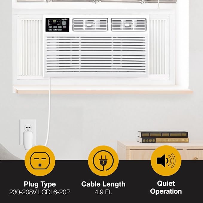 Whirlpool 18,000 BTU 230V Window Air Conditioner with Supplemental Heat, Window Mounted AC Unit with Heater for Apartment, Living Room, Bedroom, Large Rooms up to 1000 Square Feet