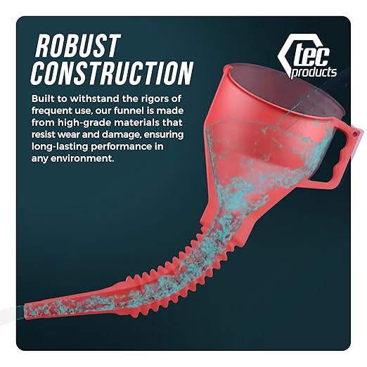 TEC Products FlexAll Long Flexible Funnels - Automotive Oil Funnel with Hose, Durable Nitrile Rubber for Oil Change, Transmission Funnel Fluid, Diesel, Fuel, Gas - Made in USA - Red (12 x 4 Inches)
