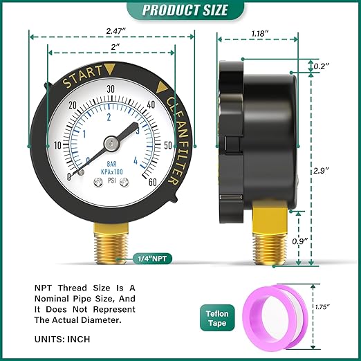 0-60PSI Pool Filter Pressure Gauge, 1/4" NPT Lower Mount, with Plastic Adjustable Bezel, Start and Clean Filter Pressure Gauge, for Swimming Pool, spa, Aquarium