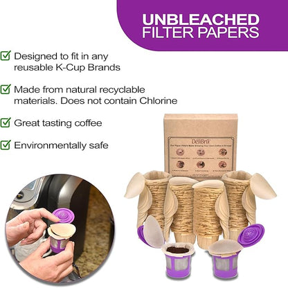 Delibru Unbleached Paper Filters with Lid for Reusable K Cups (700/Box) Paper coffee filters Fits All Brands Compatible with all Reusable Pods -100% Compostable and Disposable