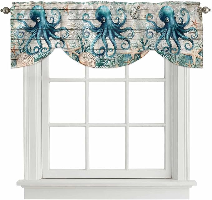 Sea Octopus Ocean Starfish Tie Up Valance Curtains,Nautical Anchor Vintage Wood Grain Kitchen Light Filtering Window Treatments with 3-inch Rod Pocket for Living Room,Bedroom,42x18In