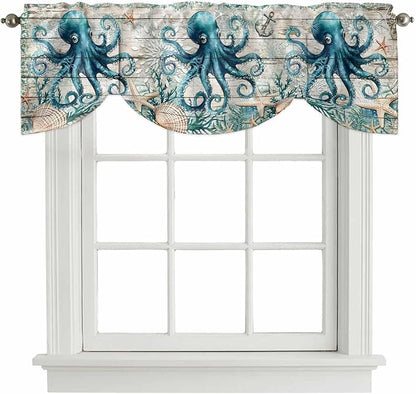 Sea Octopus Ocean Starfish Tie Up Valance Curtains,Nautical Anchor Vintage Wood Grain Kitchen Light Filtering Window Treatments with 3-inch Rod Pocket for Living Room,Bedroom,42x18In