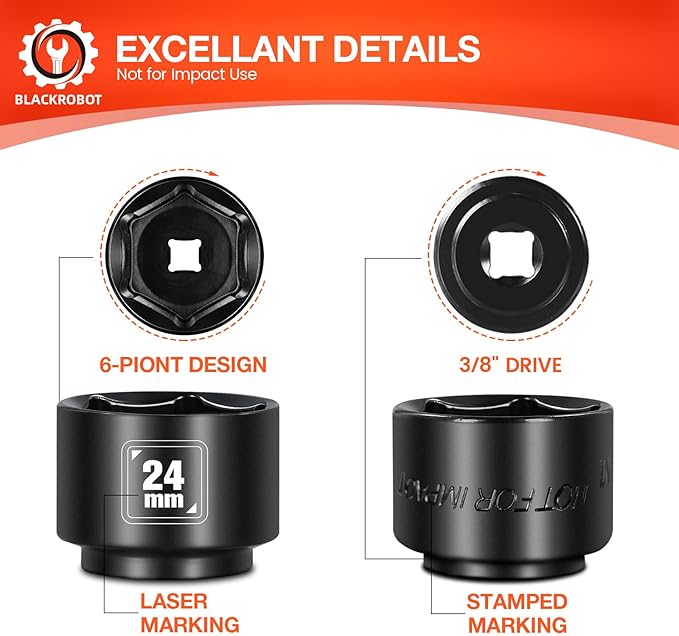 BLACKROBOT 24mm Low Profile Oil Filter Socket, 3/8" Drive 6-Point Oil Filter Cap Remover and Installer Tool, Chrome Vanadium Steel