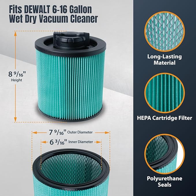 POWERTEC DXVC6914 HEPA Cartridge Filter for DeWalt 6-16 Gal. Wet/Dry Vacuums, Shop Vac Filters for DXV09PA, DXV10S-QT, DXV09P-QTA, DXV06P-QT, DXV10P-QT Shop Vacuum, 1 Pack (75121)
