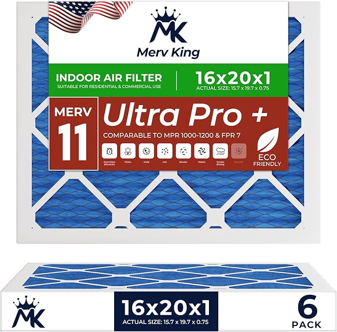 MervKing 16x20x1 Air Filter Actual Size: 15.7" x 19.7" x 0.75" MERV 11 MPR 1000-1200 | MADE IN USA | 6-Pack | Pleated HVAC AC Furnace Replacement