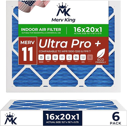 MervKing 16x20x1 Air Filter Actual Size: 15.7" x 19.7" x 0.75" MERV 11 MPR 1000-1200 | MADE IN USA | 6-Pack | Pleated HVAC AC Furnace Replacement