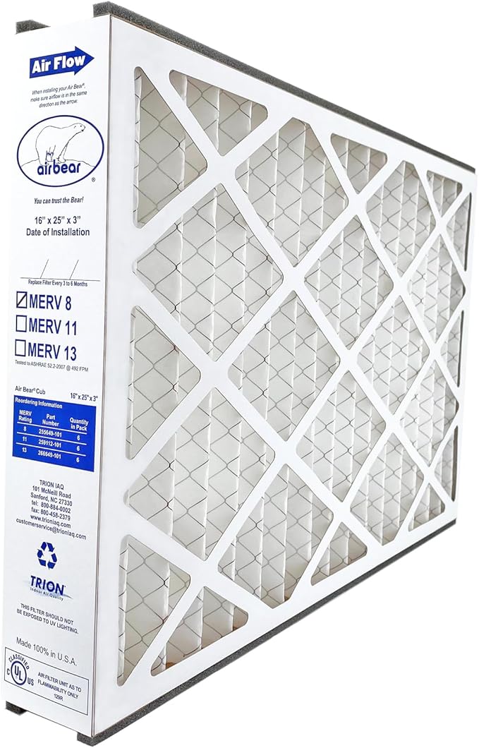 16x25x3 TRION Air Bear Cub Pleated HVAC Air Filter MERV 8 (4-Pack) (Actual Size: 15.75 x 24.75 x 3.06 Inches)