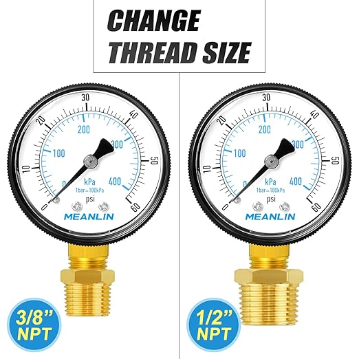 MEANLIN MEASURE 1/4" NPT 0-60Psi 2" FACE DIAL Swimming Pool Water Pressure Gauge Lower Mount, with 1/4" x 1/2" NPT and 1/4" x 3/8" NPT Hex Bushing