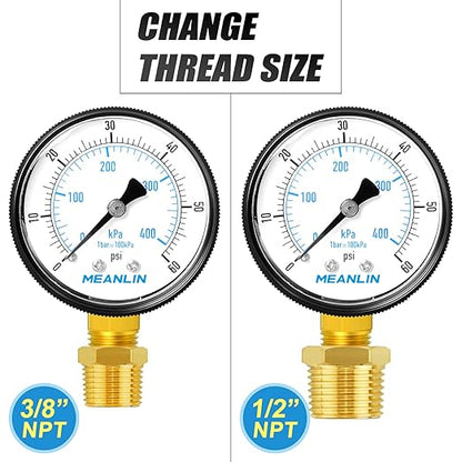 MEANLIN MEASURE 1/4" NPT 0-60Psi 2" FACE DIAL Swimming Pool Water Pressure Gauge Lower Mount, with 1/4" x 1/2" NPT and 1/4" x 3/8" NPT Hex Bushing