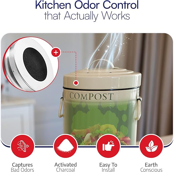 BioStrike -Activated Carbon Filter Odor Absorbers for Kitchen Compost Bins - Extra Thick 5.5 inch Compost Bucket Charcoal Filters - Odor Control for Countertop Pails - Made in USA (6 Count)