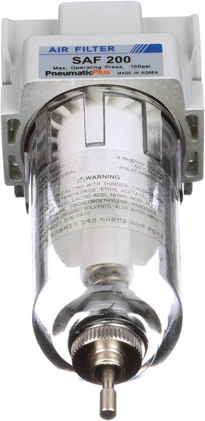 PneumaticPlus SAF200-N02B Miniature Compressed Air Particulate Filter 1/4" NPT - Poly Bowl, Manual Drain, Bracket (Pack of 2)