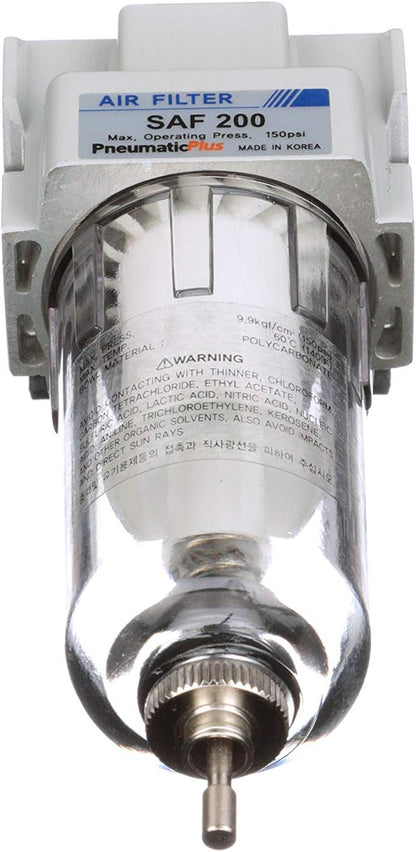PneumaticPlus SAF200-N02B Miniature Compressed Air Particulate Filter 1/4" NPT - Poly Bowl, Manual Drain, Bracket (Pack of 2)