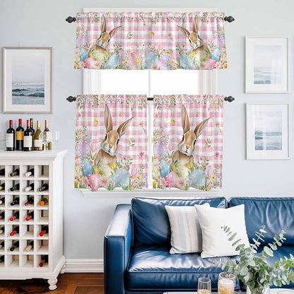 Kitchen Curtains Tiers and Valance Set of 3, Easter Light Filtering Window Curtain Set, Spring Rabbit Eggs Nature Botanicals Pink Plaid Rod Pocket Curtain Drapes for Cafe, Living Room, 24 Inches Tiers