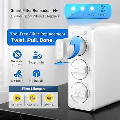 LCF 0.01μm Ultra-Filtration Under Sink Water Filter System, 3-Stage Alkaline Mineral pH+ Water Purifier, LED UV-C Ultrąviolët SUS304 Faucet, Reduces up to 99.9% of Baçtёria, Bad Taste & Chlorine