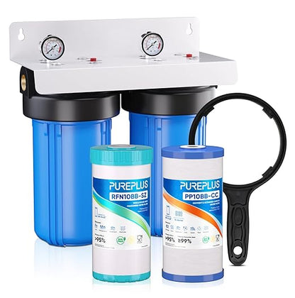 PUREPLUS 2-Stage Whole House Water Filtration System, Reduces Chlorine, Odor, Heavy Metals, Iron, Manganese, 10"x4.5" Housing, 1" Inlet/Outlet, PP Sediment & RFN Iron Filter, Pressure Gauges Included