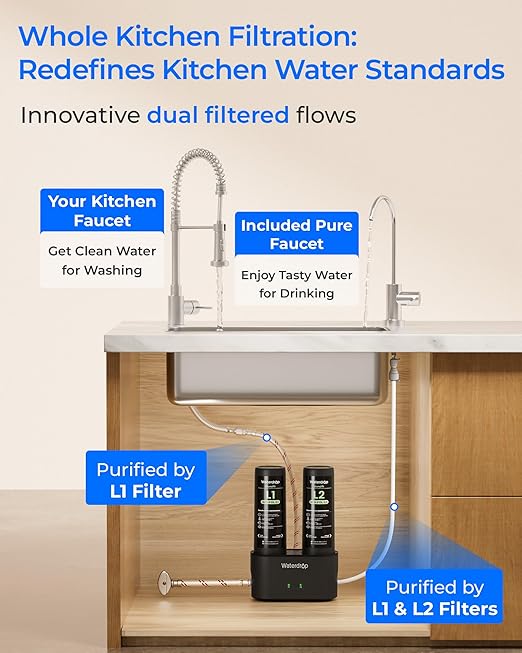 Waterdrop DLG-L Under Sink Water Filter, Reduces Chlorine Lead Chloramine Bad Taste, 2 Stage Under Sink Water Filtration System with Separate Faucet, Life Indicator, Innovative Dual Filtered Flows