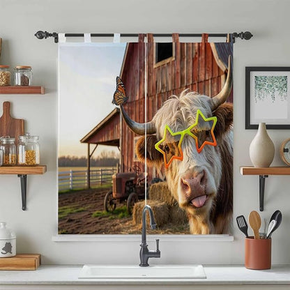 Farm Yaks Bathroom Curtains 63 Inch Length, Window Curtains Tab Top, Farmhouse Barn Funny Animals Butterfly Light Filtering Window Treatments Drapes 52"x63" 2 Panel