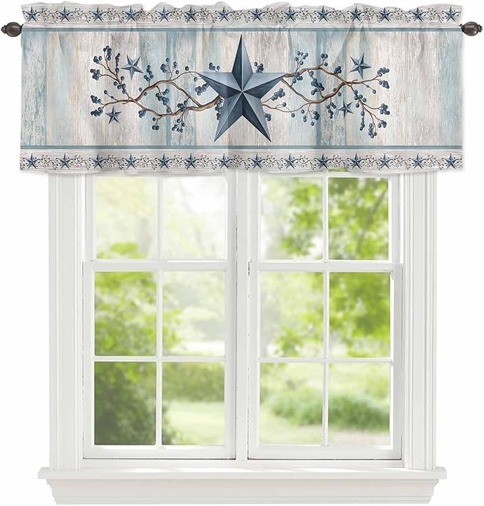 Blue Texas Star Valances for Windows, Vintage Star Berry Blue Beige Wood Grain Kitchen Valance Light Filtering Rod Pocket Short Curtains for Kitchen Bathroom, 1 Panel, 56"x16"