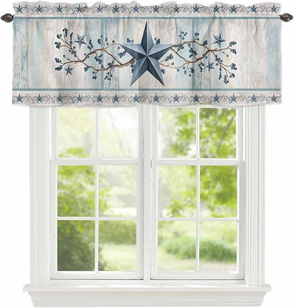 Blue Texas Star Valances for Windows, Vintage Star Berry Blue Beige Wood Grain Kitchen Valance Light Filtering Rod Pocket Short Curtains for Kitchen Bathroom, 1 Panel, 54"x18"