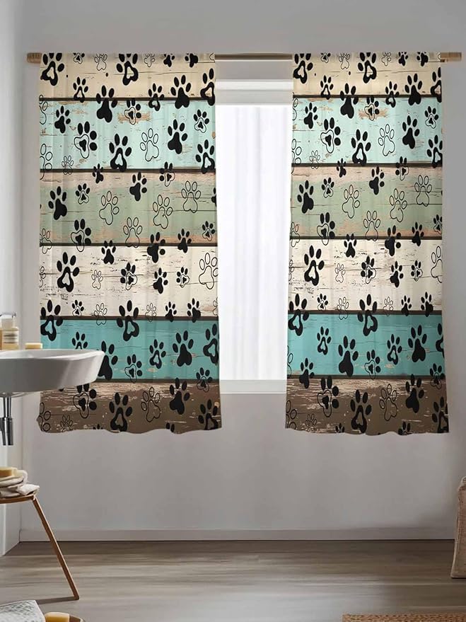 Sheer Curtains 72 Inches Long, Sage Green Brown Paw Prints Semi Sheer Curtains Light Filtering Window Treatment, Vintage Farmhouse Wooden Grain Privacy Voile Drapes for Living Room Bedroom 52x72 Inch