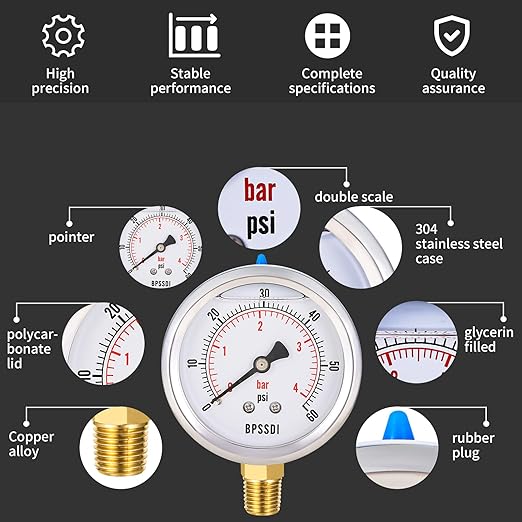0-60 Psi Glycerin Liquid Filled Low Pressure Gauge, 2.5" Dial Size, 1/4" NPT Lower Mount, 304 Stainless Steel Case, for Water Oil Air Pressure Test, Refrigeration Systems(Such as Evaporators)