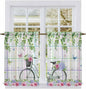 Spring Kitchen Curtains, Bicycles Botanical Leaves Rose Colorful Stripes Light Filtering Window Curtain Panels, 2Pcs Rod Pocket Window Treatments Set for Cabin Bathroom Bedroom 52x45 Inches