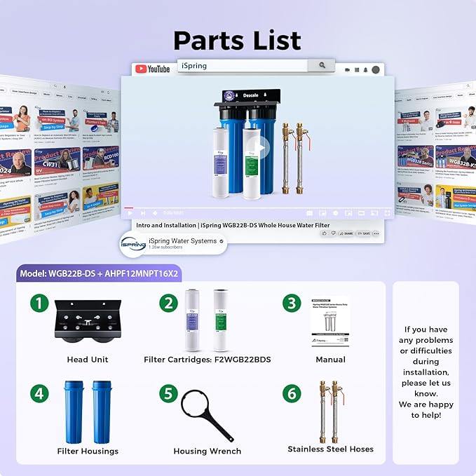 iSpring WGB22B-DS+AHPF12MNPT16X2 2-Stage Whole House Water Filter System w/ 3/4'' Push-Fit Braided Stainless Steel Hose Connectors, Reduces Scale, Corrosion, Chlorine, Taste, Odor
