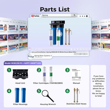 iSpring WGB22B-DS+AHPF12MNPT16X2 2-Stage Whole House Water Filter System w/ 3/4'' Push-Fit Braided Stainless Steel Hose Connectors, Reduces Scale, Corrosion, Chlorine, Taste, Odor