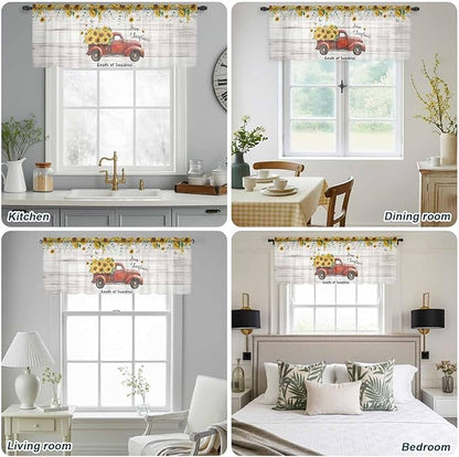 Farmhouses Sunflowers Sheer Valance Curtains, Retro Floral Leaves Red Truck Wood Grain Light Filtering Kitchen Valances Rod Pocket Voile Curtain Treatment for Bedroom/Living Room/Basement 60Wx18L