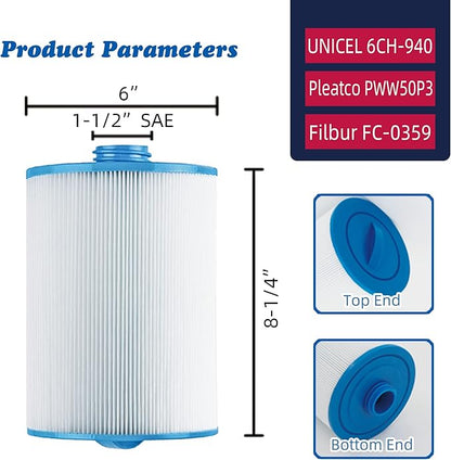 PWW50 Spa Filter, Replaces 6CH-940，Filbur FC-0359, 817-0050, 25252, 03FIL1400, PWW50P3(NOT PWW50P4), (1 1/2" Coarse Thread), Waterway Front Access Skimmer, SAE Thread Hot Tub Filter 2 Pack