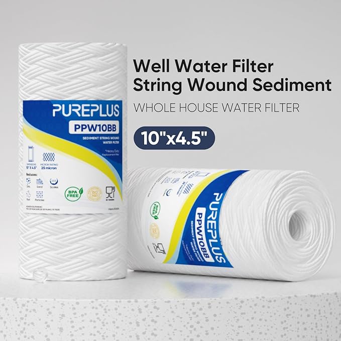 PUREPLUS 25 Micron 10 x 4.5 Whole House String Wound Sediment Filter for Well Water, Replacement Cartridge for 84637, WPX5BB97P, PC10, CW5-BBS, 355215-45, WP10BB97P, WP5BB97P, 4Pack