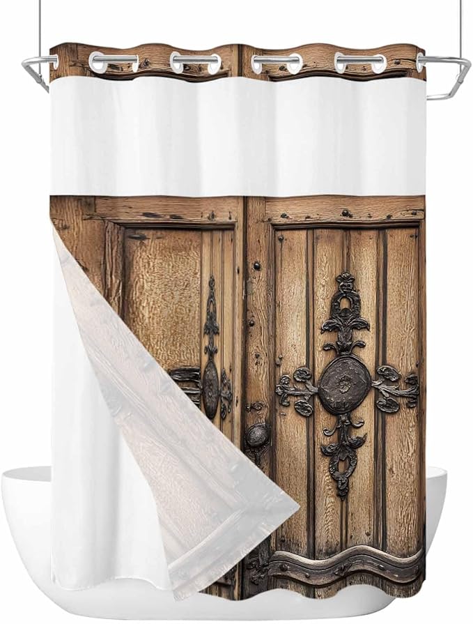 Wood Barn Door No Hook Shower Curtain with Snap in Liner Set, Waterproof Shower Curtains for Bathroom, Wooden Plank Fabric Shower Curtain, See Through Mesh Top Window, 72" W x 96" L