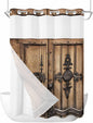 Wood Barn Door No Hook Shower Curtain with Snap in Liner Set, Waterproof Shower Curtains for Bathroom, Wooden Plank Fabric Shower Curtain, See Through Mesh Top Window, 72" W x 96" L