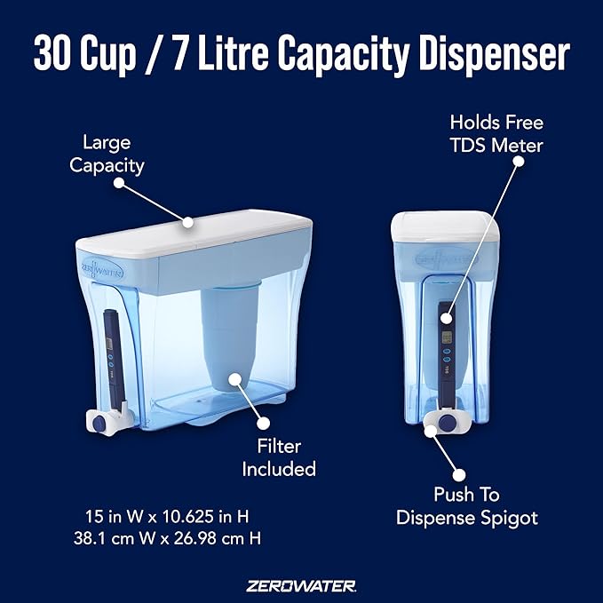 ZeroWater 30 Cup Ready-Pour 5-stage Water Filter Dispenser, NSF Certified To Reduce Lead, Other Heavy Metals And PFOA/PFOS, White And Blue