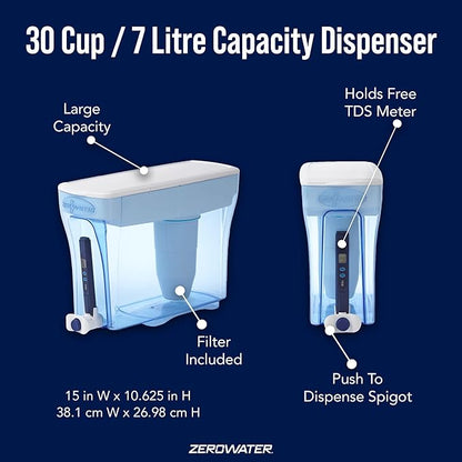 ZeroWater 30 Cup Ready-Pour 5-stage Water Filter Dispenser, NSF Certified To Reduce Lead, Other Heavy Metals And PFOA/PFOS, White And Blue