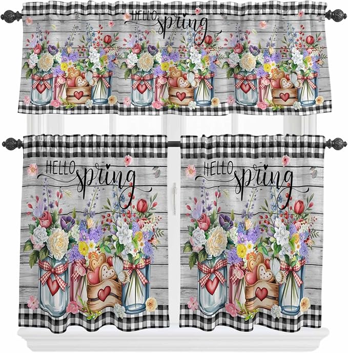 Spring Flowers Kitchen Curtain Set, Farmhouse Black Plaid Wood Grain Window Valance and Tiers 36" Length, Light Filtering Short Curtains Valance for Cafe Bathroom Bedroom 54"x18"