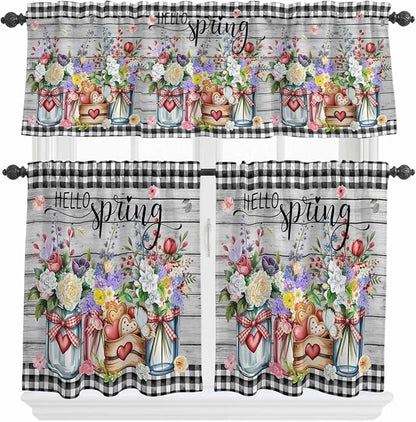 Spring Flowers Kitchen Curtain Set, Farmhouse Black Plaid Wood Grain Window Valance and Tiers 36" Length, Light Filtering Short Curtains Valance for Cafe Bathroom Bedroom 54"x18"