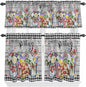 Spring Flowers Kitchen Curtain Set, Farmhouse Black Plaid Wood Grain Window Valance and Tiers 36" Length, Light Filtering Short Curtains Valance for Cafe Bathroom Bedroom 54"x18"