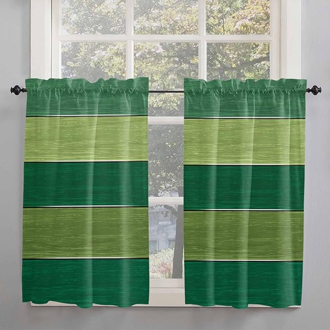 Farm Retro Green Wood Grain Window Valance Curtains, Rustic Wooden Plank Texture Light Filtering Kitchen Valance with 3-inch Rod Pocket for Living Room Bathroom Bedroom,2 Panel,27.5x45In