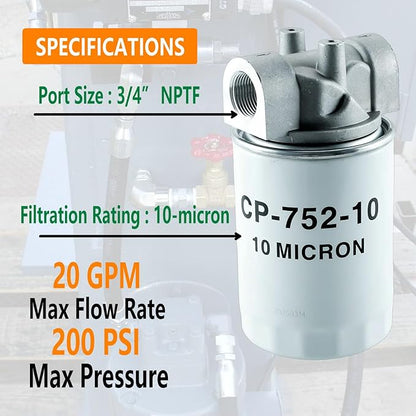 ‎‎Hydraulic Oil Filter Assembly - 3/4" NPT Ports,10 Micron Spin-On Hydraulic Return Line Filter Housing with Indicator Port, 20 GPM, 200 PSI for Log Splitters&Mini Excavators,Models 723-0405,CP-752-10
