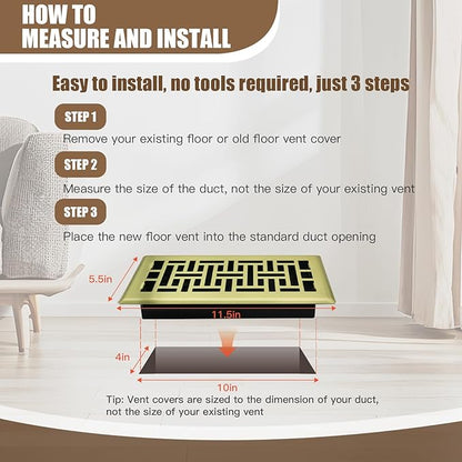 Air Floor Vent Adjustable Register 4x12 Inch Floor Register Vents for Home Floor Register Vents Brushed Gold Color