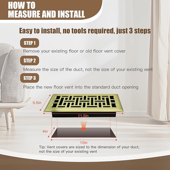 Floor Register Heavy Duty Walkable Steel Vent Register Brushed Gold Color 4X10 Inch Air Vent for Home Easy Adjust Air Supply Lever Floor Vent